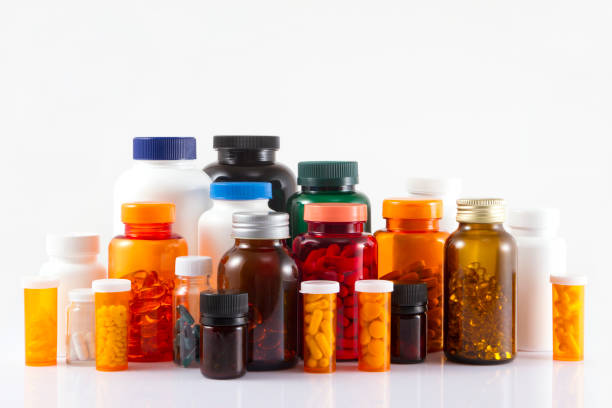 Close up shot of colorful pill bottles